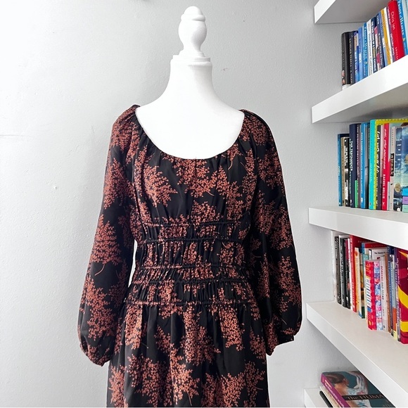 Rebecca Taylor Arden Fern Silk MIDI Dress Black/Copper Colored floral print L - Picture 5 of 16